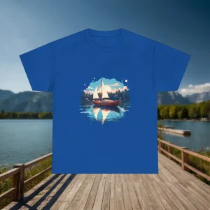 Flat lay of a blue t-shirt with a scenic sailboat and lake design, displayed on a dock with mountains in the background.