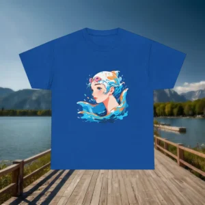 Royal blue t-shirt with a swimmer girl illustration in an anime-inspired style, displayed near a lake
