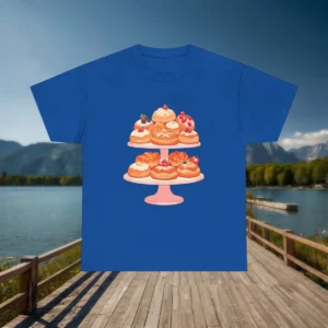 Flatlay of a blue t-shirt with a dessert stand illustration featuring a variety of pastries
