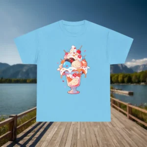 Sky blue t-shirt with a large graphic of a colorful sundae dessert, displayed by a lake with mountains