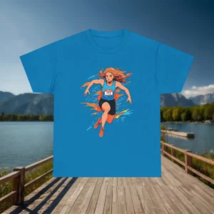 Flat view of a blue t-shirt with a stylized graphic of a female track and field runner in mid-run