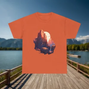 Flat lay of orange t-shirt with a canyon rock formation graphic and large sunset in the background.