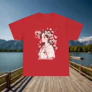 Flat lay of a red t-shirt with an anime girl and cherry blossom print, displayed on a wooden boardwalk near a lake.
