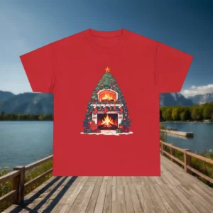 Flat lay of a red Christmas t-shirt with a fireplace and tree illustration, placed on a wooden path by a lake.
