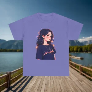 Flat lay of a purple t-shirt with an anime girl wearing a city skyline graphic, displayed on a wooden boardwalk by a lake.