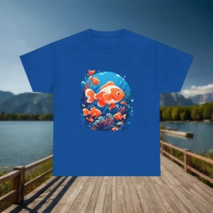 Flat lay of a royal blue t-shirt with a clownfish and coral reef illustration, placed on a boardwalk near the lake.