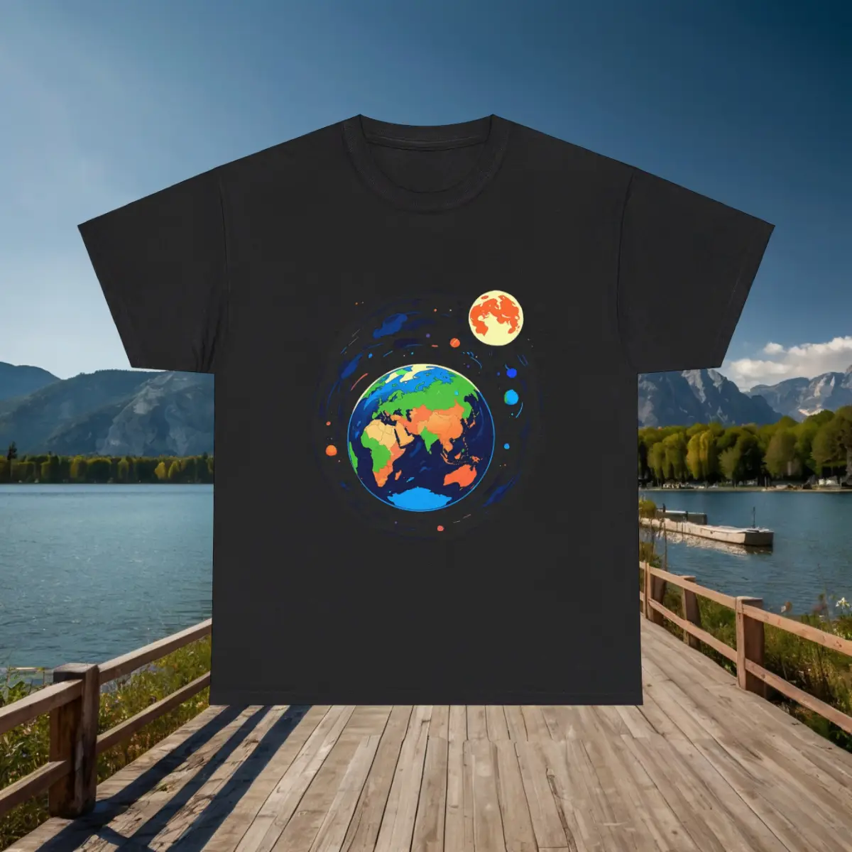 Flatlay of black t-shirt with Earth and Moon space design Flatlay of a black t-shirt with a colorful Earth and Moon orbit illustration, displayed on a dock by a lake.