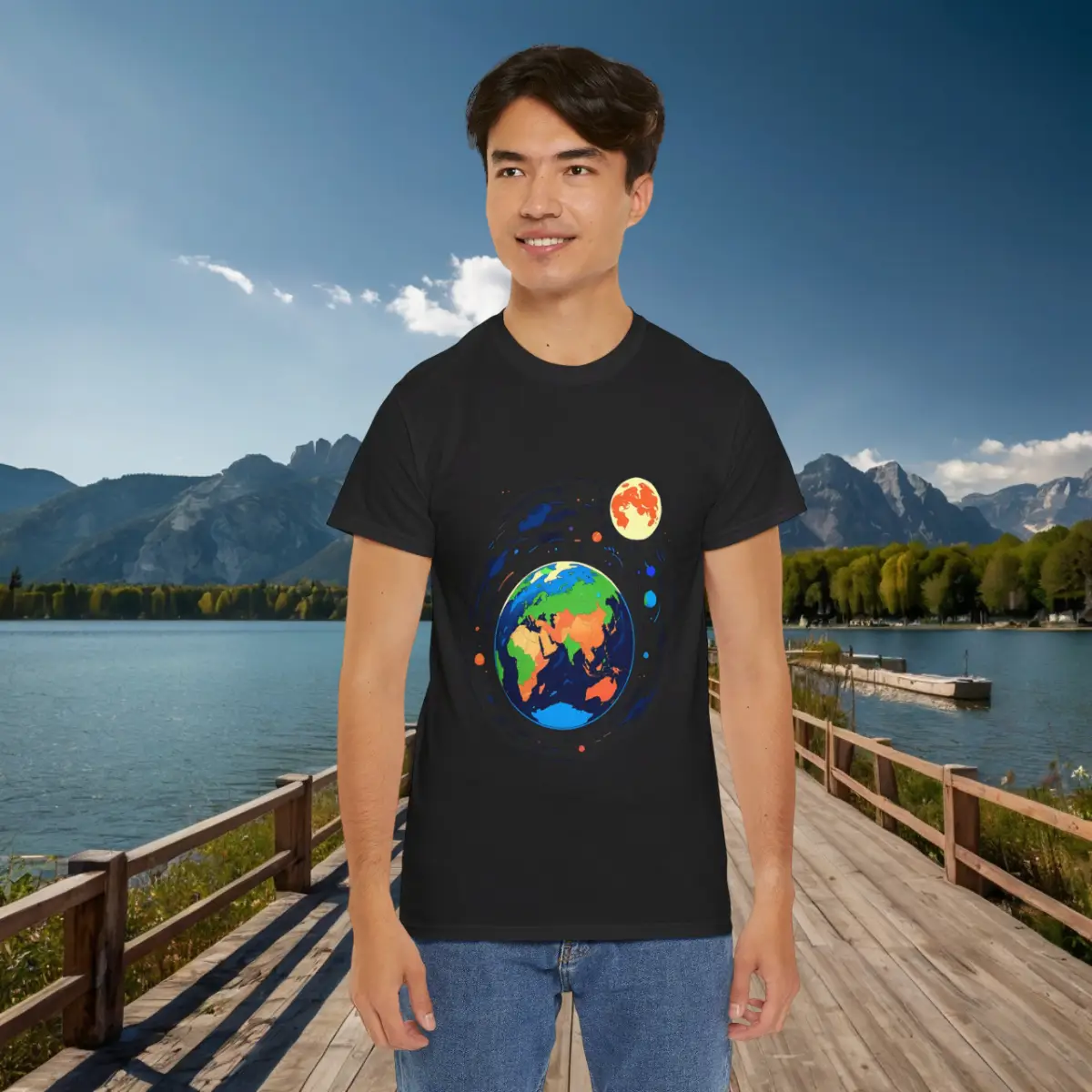 Black t-shirt with colorful Earth and Moon design – men’s fit Man wearing a black t-shirt with a colorful Earth and Moon illustration, standing by a lakeside dock.