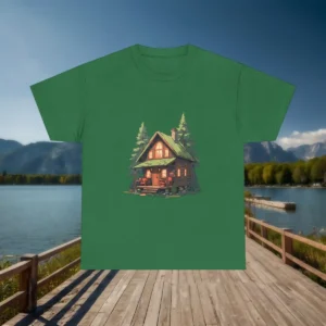 Flat lay of a green t-shirt with a cozy cabin and pine tree design, displayed on a wooden boardwalk near a lake.