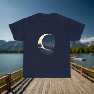 Flat lay of a navy t-shirt with a crescent moon and village landscape design, placed on a wooden boardwalk by the lake.