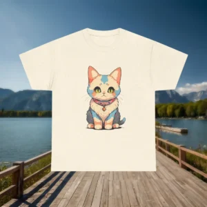 Flat lay of a cream t-shirt featuring a colorful cute cat illustration, displayed on a wooden boardwalk near a lake.