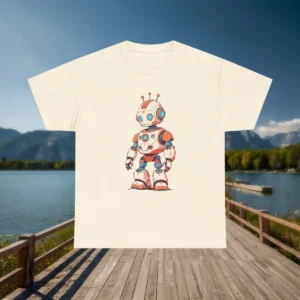Flatlay of a beige t-shirt featuring a cute robot in white and orange with blue details and antennae.