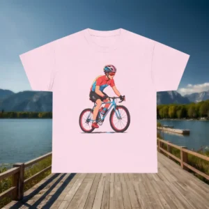 Flat lay of a light pink t-shirt with a road cyclist design on a wooden dock by a lake with mountains in the background.