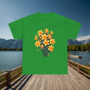 Flat lay of a green t-shirt with a vibrant yellow daffodil bouquet illustration, displayed on a wooden dock by the lake.