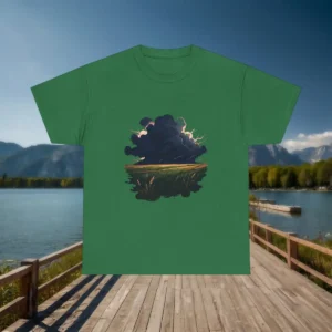 Flat lay of a green t-shirt with a graphic of a stormy dark cloud and lightning over a field, laid out on a lakeside boardwalk.