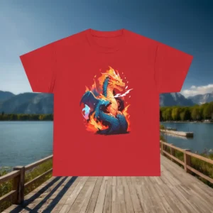Flat lay of a red t-shirt with a vivid dragon surrounded by flames.