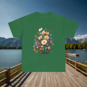 Flat lay of green t-shirt with a dreamy wildflower meadow bouquet graphic.