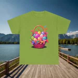Flatlay of a green t-shirt with a vibrant Easter egg basket illustration, displayed on a dock near a lake.