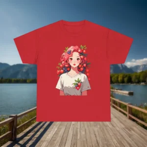 Flat lay of a red t-shirt with a berry girl anime design, displayed against a lake and mountain backdrop.