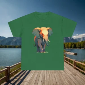 Flatlay of a forest green t-shirt with an exotic, colorful elephant illustration, displayed on a wooden dock by a lake.