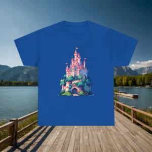 Flatlay of a royal blue t-shirt with a dreamy fairy tale castle illustration, displayed on a dock above a mountain lake.