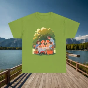 Flatlay of a light green t-shirt with an illustrated family picnic scene, laid out on a dock with mountains and lake in the background.