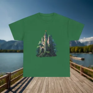 Flat lay of a green t-shirt with a fantasy castle graphic, displayed on a boardwalk over a lake.