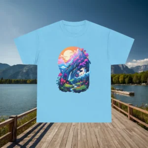 Flatlay of a light blue t-shirt with an illustrated fantasy scene of mountains, forest, and a unicorn.
