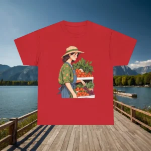 Flatlay of a dark red t-shirt with an illustration of a female farmer holding crates of fruits and vegetables.