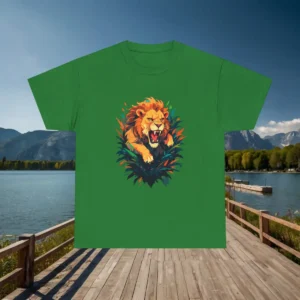 Flatlay of a dark green t-shirt featuring a roaring lion bursting through jungle leaves