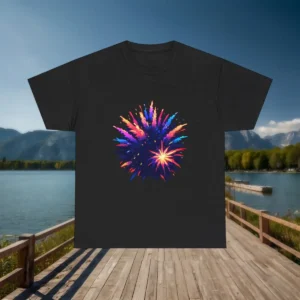 Flat lay of a black t-shirt with a colorful fireworks explosion graphic