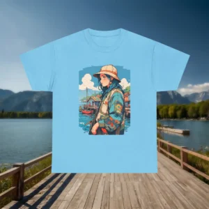 Flat lay of a light blue t-shirt with anime-style fishing village design