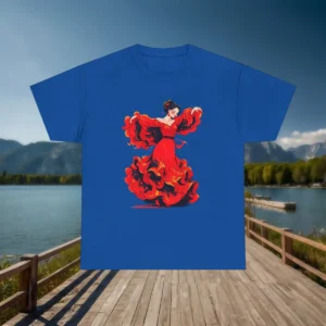 Flat lay of a blue t-shirt with flamenco dancer artwork in red dress