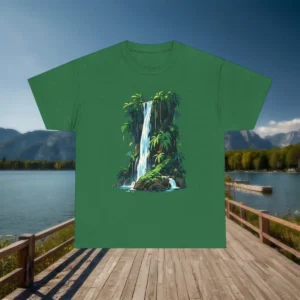 Flat front view of a forest green t-shirt with an illustrated tropical waterfall and jungle scene