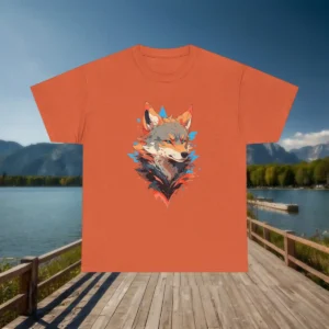 Flat lay of a rust orange t-shirt with a bold, colorful artistic wolf illustration