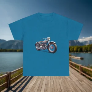 Flat view of a blue t-shirt with a detailed vintage motorcycle illustration in the center