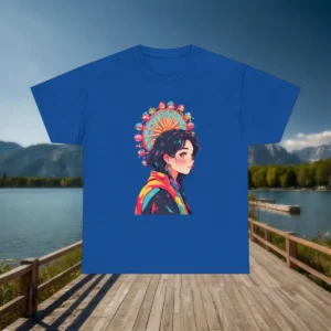Flatlay of a blue t-shirt with anime girl and Ferris wheel design, displayed on a pier