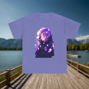 Flatlay of purple t-shirt with anime girl and crystal design on boardwalk background