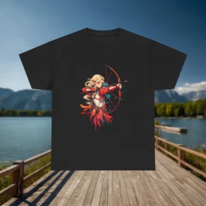 Flatlay of black t-shirt with stylized female archer from fantasy anime artwork