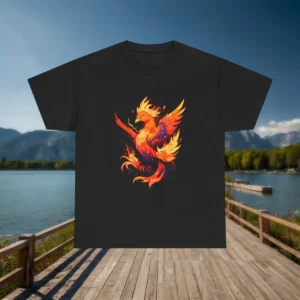 Flat black t-shirt with a vivid flaming phoenix design in bold red and orange