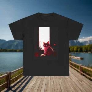 Flat black t-shirt featuring a dark red and black cat illustration sitting by a glowing window
