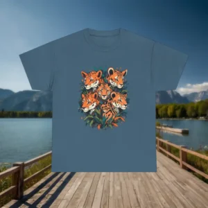 Flat lay of a blue t-shirt with a graphic design of five tigers in jungle foliage, displayed on a dock.