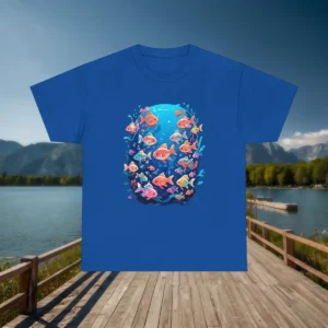Flatlay of blue t-shirt with cartoon-style aquarium and tropical fish design