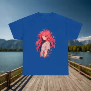 Flatlay of blue t-shirt with pink-haired anime girl and brush stroke paint effects