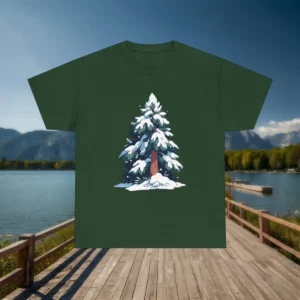 Flatlay of dark green t-shirt with snowy pine tree in cartoon style