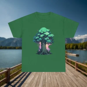 Flatlay of green t-shirt with cartoon ancient tree and fantasy background