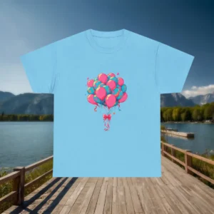 Flatlay of light blue t-shirt with festive pink and blue balloon bunch tied with a pink ribbon