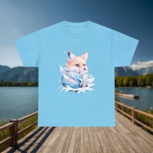 Flatlay of light blue t-shirt with anime arctic fox in snowy ice illustration