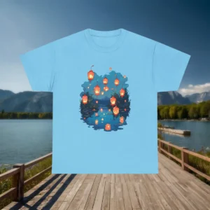 Flat lay of a light blue t-shirt with floating lanterns on water graphic