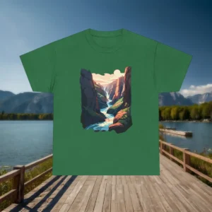 Flat lay of a green t-shirt with a blooming floral bouquet design